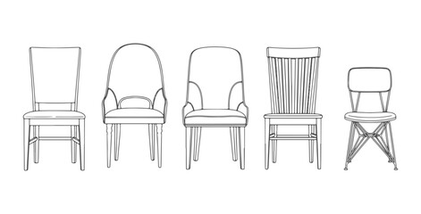 CAD drawings of multiple dining chair styles in front view — straight back dining, curved-back, upholstered dining, wooden slat back, minimalist metal frame. Vector illustration