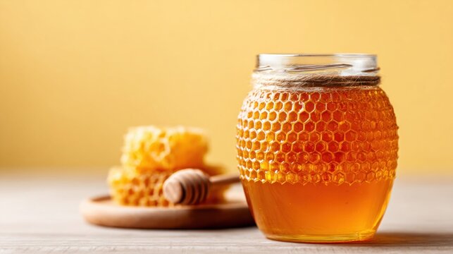Delicious honey jar with honeycomb and dipper on a wooden table