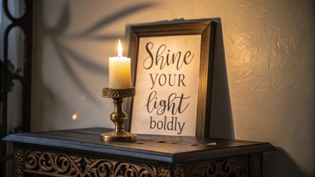 Lit candle beside a framed quote with a warm inspirational message