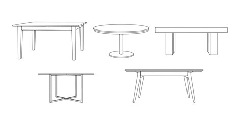 CAD drawings of various table designs in front view — rectangular dining table, round, minimalist plank, metal-frame modern, Scandinavian wooden. Vector illustration
