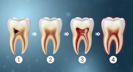 Tooth Decay Progression Diagram on Blue Gradient Background