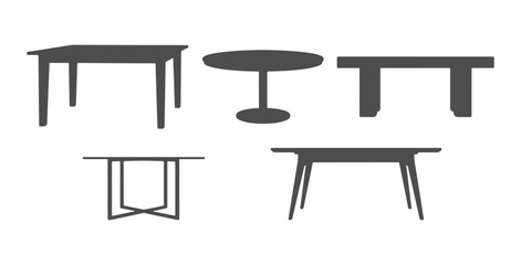 CAD drawings of various table silhouette designs in front view — rectangular dining table, round, minimalist plank, metal-frame modern, Scandinavian wooden. Vector illustration