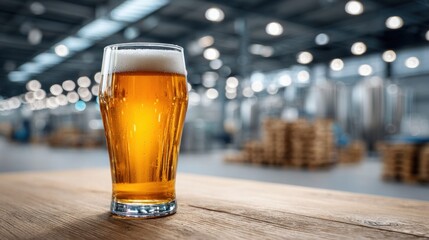 A refreshing pint of beer on a wooden table in a brewery setting