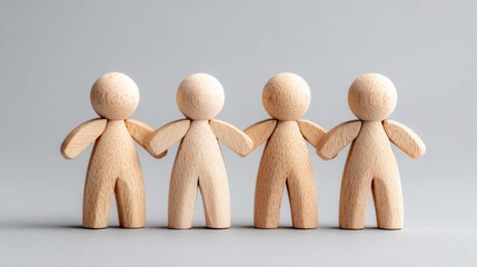 Obraz premium Wooden figures holding hands, symbolizing teamwork, unity, and connection