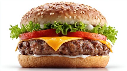 Delicious cheeseburger with fresh ingredients on a sesame seed bun