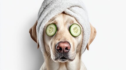 Relaxed labrador retriever with cucumber slices on eyes, spa day concept