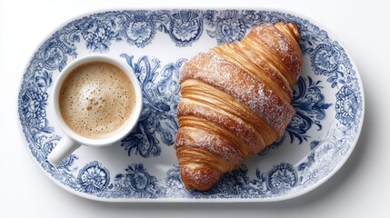Delicious breakfast of coffee and croissant on a decorative plate
