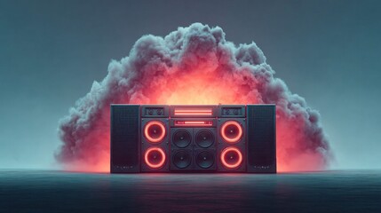 Futuristic boombox with glowing red lights and a cloud of smoke