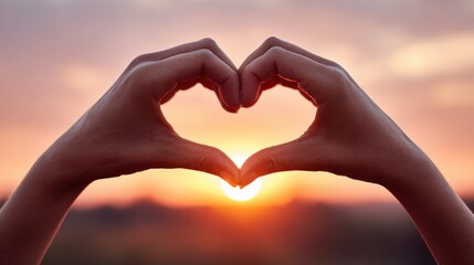 Hands forming a heart shape with the sun setting in the background