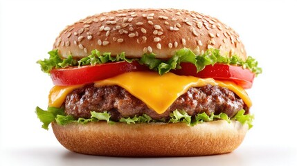 Delicious cheeseburger with fresh ingredients on a sesame seed bun
