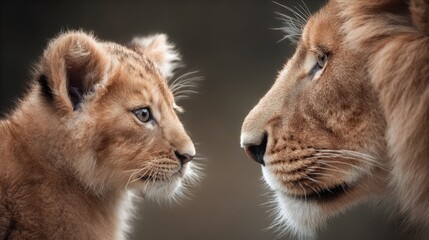 Lion cub and lioness face to face, a tender moment of connection
