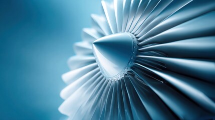 Close-up of a jet engine turbine with blades, in shades of blue and silver