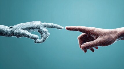 Human and robot hands touching, representing technology and connection