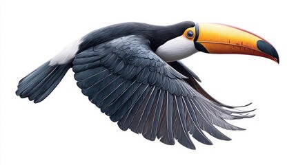 Obraz premium A vibrant toucan in flight against a clean white background, perfect for design