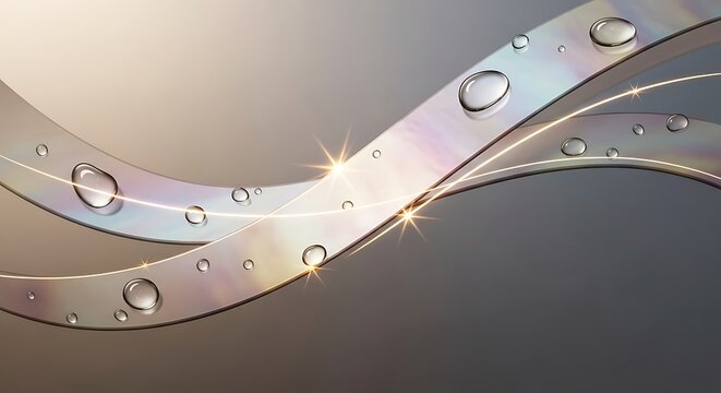 Abstract water droplets on flowing metallic ribbons with soft lighting and reflections - Powered by Adobe
