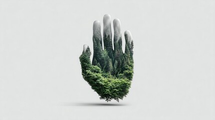 Hand-shaped forest, a surreal and artistic nature concept on a white background