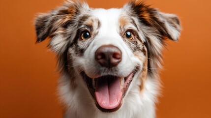 Happy Australian Shepherd dog portrait with a big smile on an orange background