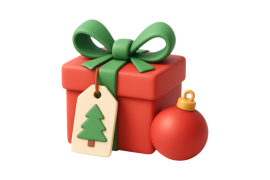 Christmas Gift Box with Tag 3D Icon Isolated on a Transparent Background