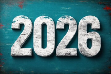 Bold 2026 numbers in weathered white on blue wood background for year design and decor