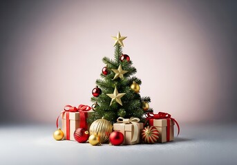 Festive Christmas tree with golden star and red ornaments surrounded by elegant gifts with ribbons, perfect for holiday marketing and joyful campaigns