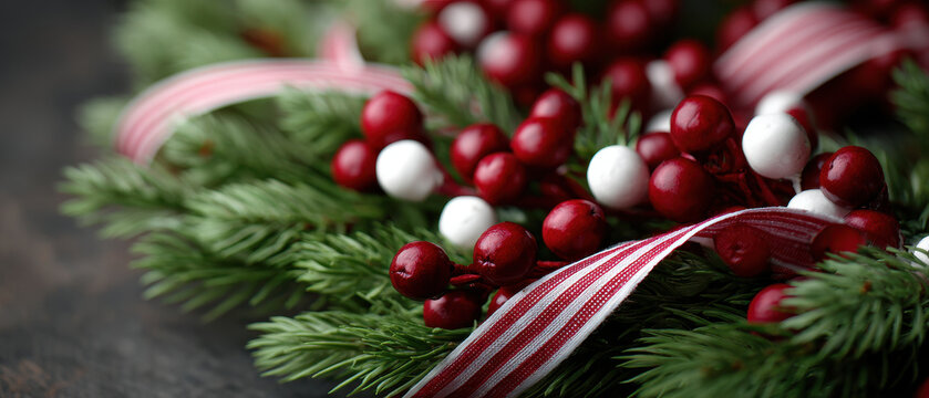 Candy cane ribbon pine wreath red berry white berry evergreen branch holiday decor