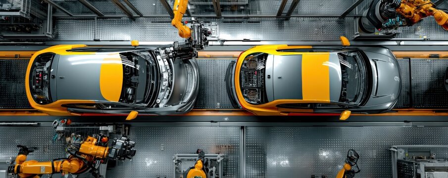 Aerial view of car factory assembly line with yellow robotic arms and parallel production stations