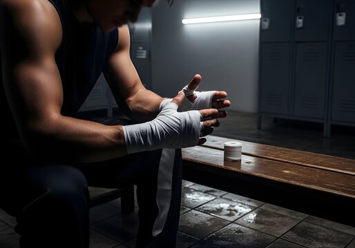 Boxer wrapping hands in locker room preparing for training or competition