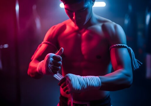 Boxer wrapping hands preparing for combat action in dramatic lighting