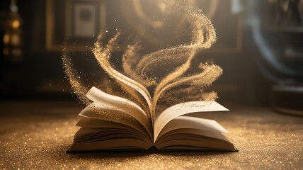 Book on a Table Releasing Knowledge Into the World with Shimmering Golden Light
