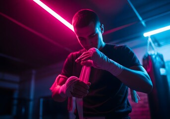 Boxer wrapping hands preparing for training or competition indoors