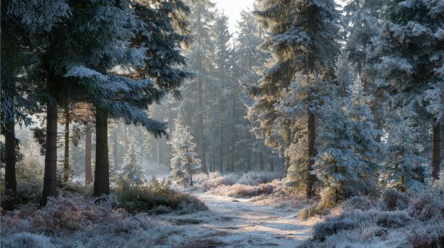 Frost covered pine forest path with sunlight filtering through trees winter - Powered by Adobe