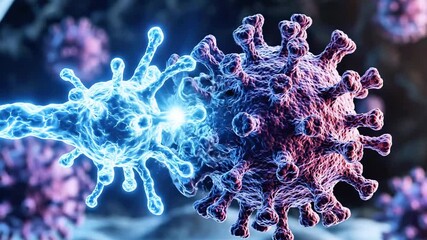 Two glowing viral particles collide in neon blue and pink, radiating a sci-fi, bio-science glow. lit - Powered by Adobe