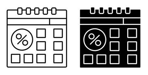 Linear icon. Loan payment percentage sign on a calendar with a bank debt reminder. Simple vector isolated on white background