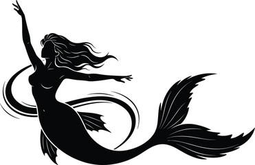 Beautiful black silhouette of a swimming or dancing mermaid vector illustration, mythical fantasy sea creature with flowing hair and elegant posture design on a white background