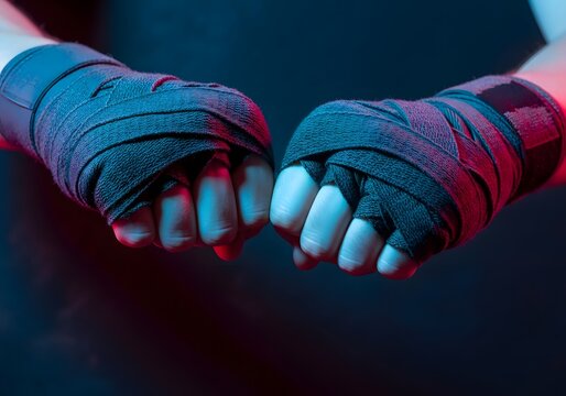 Boxers hands with protective wraps in red and blue light