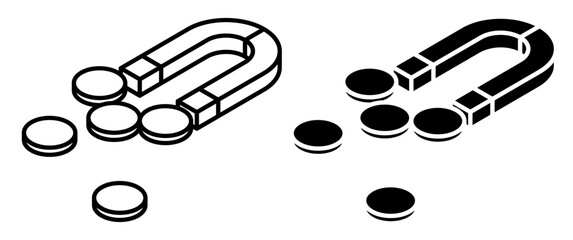 Linear isometric icon. Magnet attracts coins and provides a bonus for successful transactions. Simple vector isolated on white background