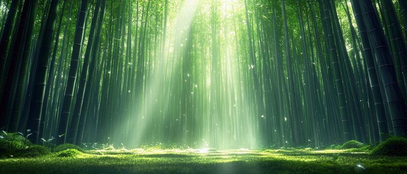 Sunlight streams through a dense, vertical bamboo forest, creating a mystical atmosphere in a vibrant green clearing. The scene evokes a sense of peace and natu