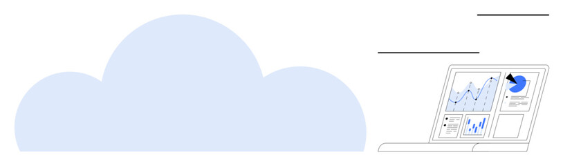 Large cloud shape symbolizing cloud computing paired with a laptop showing analytics dashboards and graphs. Ideal for technology, innovation, data management, business strategy, digital solution