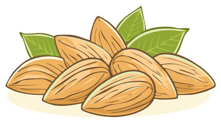Vector illustration of a pile of shelled almond nuts with fresh green leaves