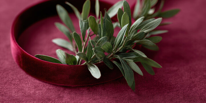 Velvet ribbon hoop greenery sage burgundy soft macro texture - Powered by Adobe