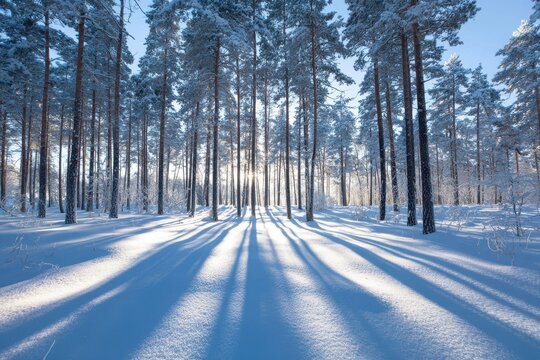 Tall pine trees in snow covered forest with long shadows cast by sun winter