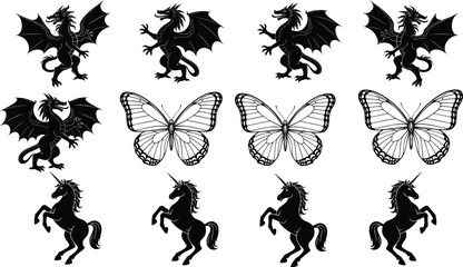 Dragon unicorn butterfly silhouette vector set, black mythical and natural creature icons, fantasy emblem collection, tribal tattoo style, graphic pack