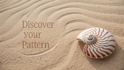 Nautilus shell resting on sandy beach with text and texture