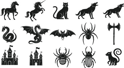 Fantasy creature silhouette vector set, mythical animals, dragons, unicorns, wolves, spiders, castles, magical symbols and elements for decorative artwork, medieval themed illustrations
