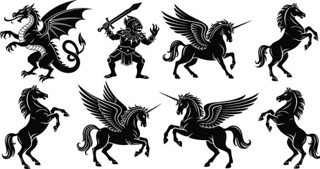 Fantasy warrior and unicorn silhouette vector set, black mythical creature icons, dragon emblem collection, tribal tattoo style, medieval graphic pack