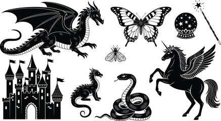 Fantasy symbol vector illustration set, dragon unicorn castle wand icons, black silhouette emblems, magical creature designs, mythical graphic collection