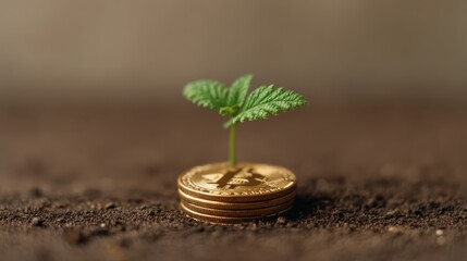 A sprout emerges from a stack of gold coins, symbolizing growth and prosperity in finance and the potential of cryptocurrency.