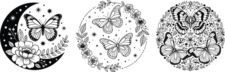 butterfly, floral, silhouette, nature, moon, stars, circle, black, white, illustration, design, decorative, pattern, symmetry, flying, botanical, ornate, transformation, whimsical, beauty