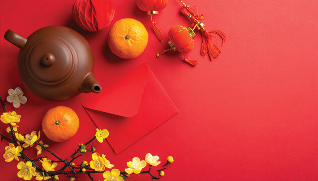 chinese new year flat lay composition with teapot red envelopes oranges lanterns golden flowers on red background