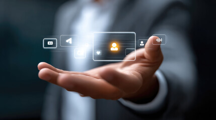 Businessman hand holding digital user icon, social media network, communication, technology, innovation, connection, futuristic concept